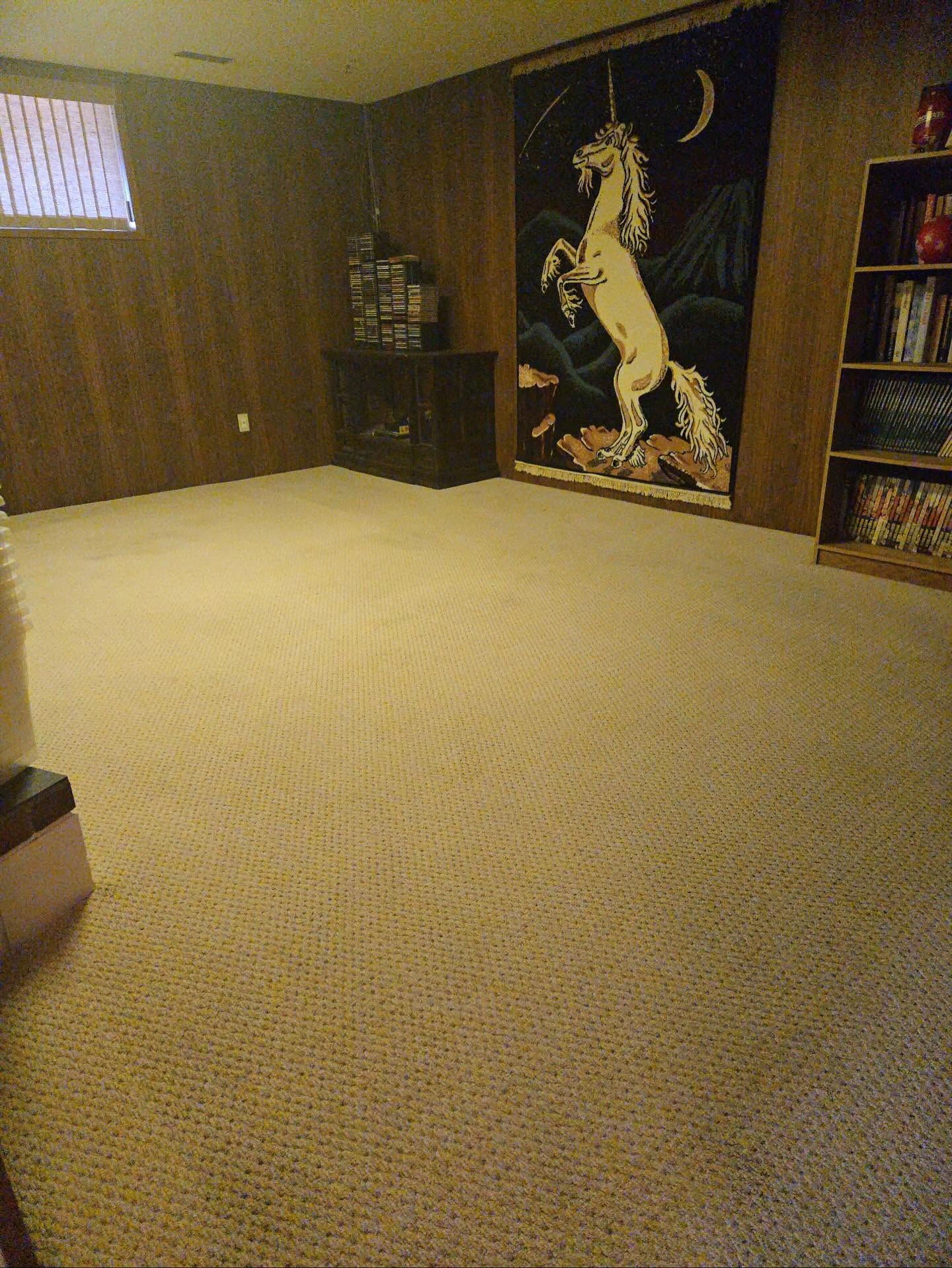 After — Before and after carpet cleaning in a wood-panelled family room — heavy soiling and stubborn stains lifted to a clean, even pile