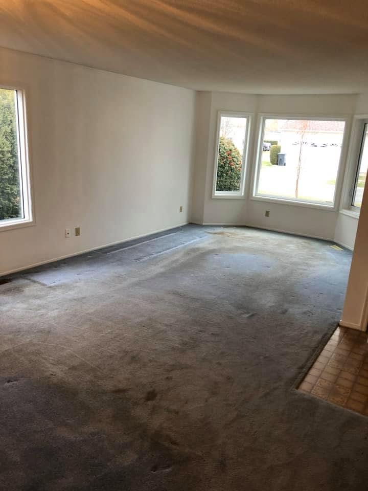 Before — Before and after carpet cleaning in a Kelowna home — heavy traffic soiling lifted from the living room carpet